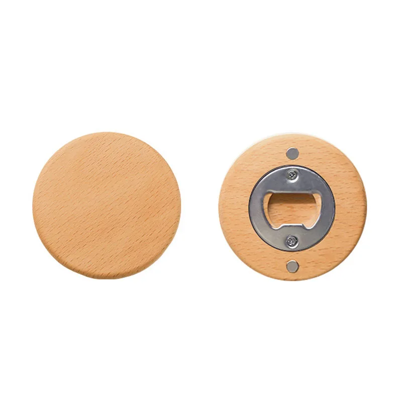 Custom Engraved Wooden Magnetic Bottle Opener Fridge Magnet Round Beech Wood Bottle Cap Opener Personalized Logo Wedding Gift