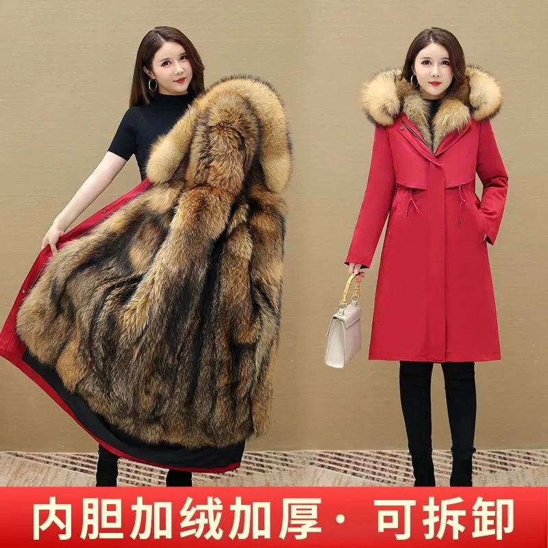 2024 New Womens Long Faux Fox Fur Jacket Winter Thicken Warm Cotton Coat Female Detachable Fur Overcoat Windproof Hooded Parkas