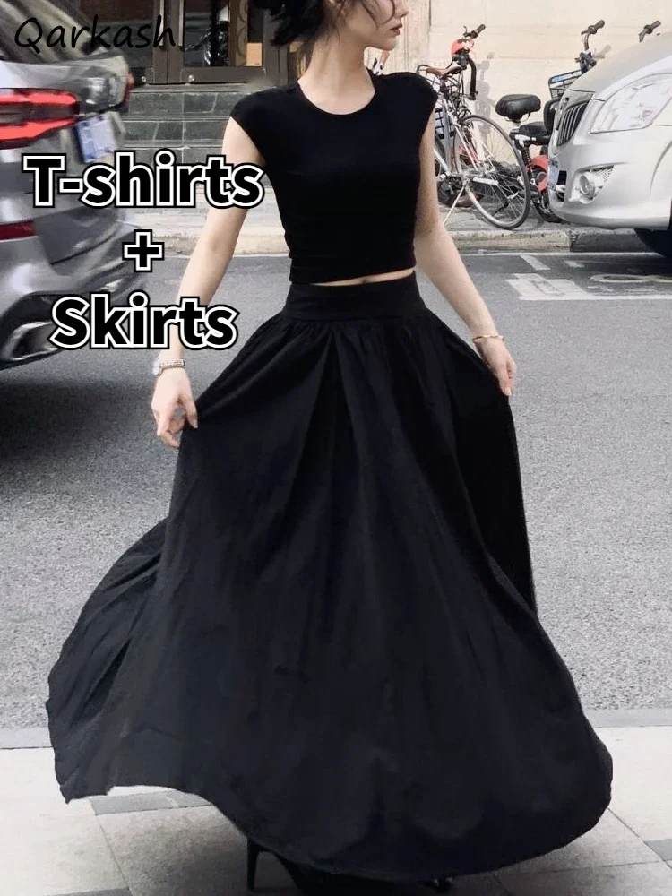 

2 Pcs Sets Women Clothing Sleeveless Sexy Crop Tops T-shirts Vintage Maxi Skirts Solid Streetwear Cool Summer Temper Lady Basics