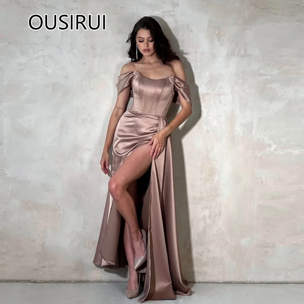 

Boat Collar Flowing Satin Formal Evening Party Dress Sweep Trian Backless Sexy Mermaid Side Slit Bridesmaid Gown Custom Made