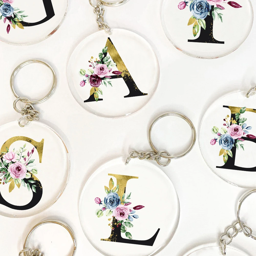 Initials Flower Print Keychain Circle Monogram Acrylic Keyring Alphabet Key Ring Birthday Wedding Bridesmaid Mother Gift for Her