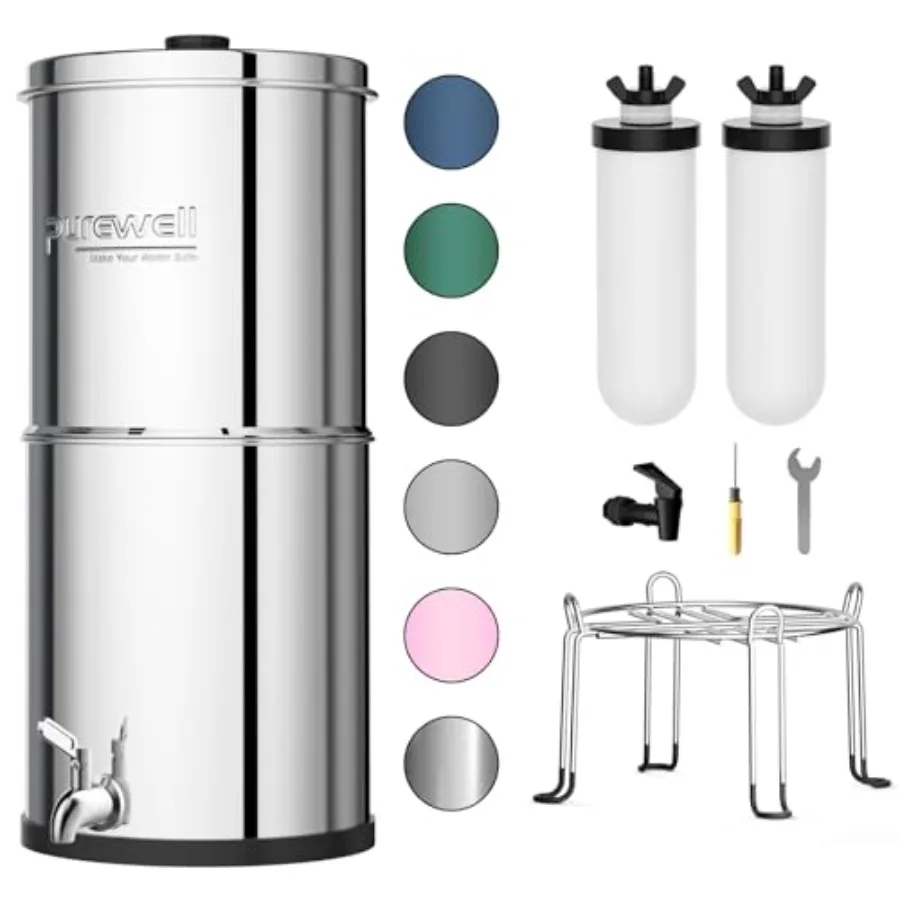 3-Stage Gravity Fed Water Filter System 2.25 Gallon Stainless Steel Countertop System with 2 Washable Ceramic Filters and Stand