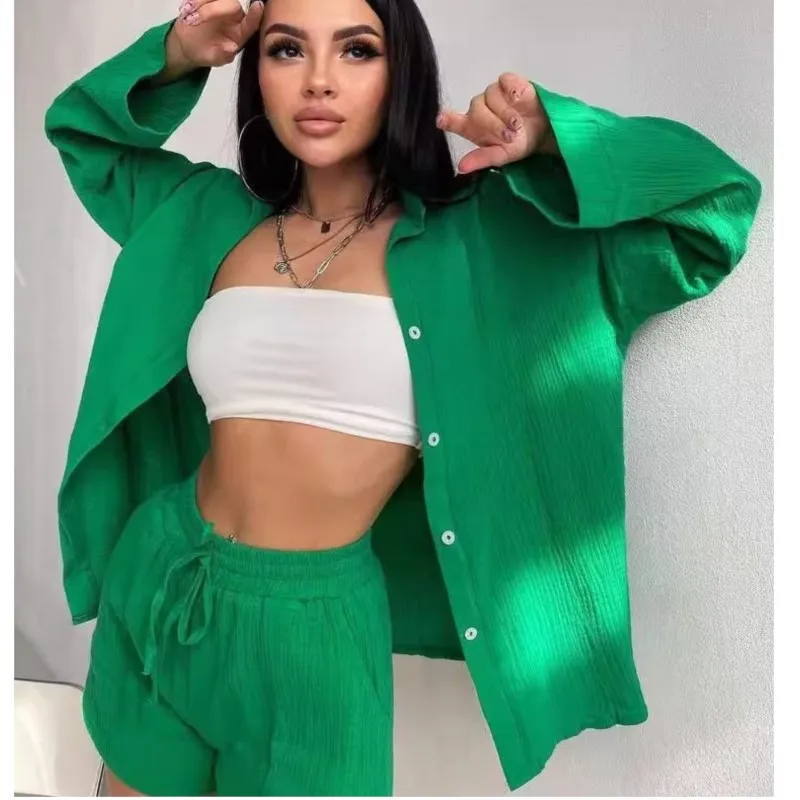Women's Summer Short Sets Long Sleeve Shirts Tops+Loose Elastic Waist Mini Shorts Sets Cotton Solid Color Pleat Two Pieces Suit