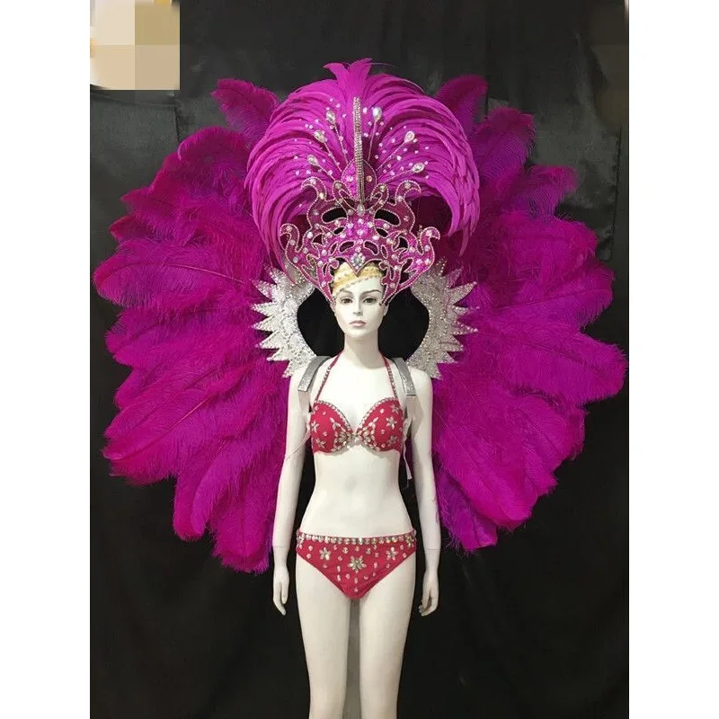 Opening stage performance Feather exaggerated headdress ostrich hair backboard dance team samba dance3-piece set