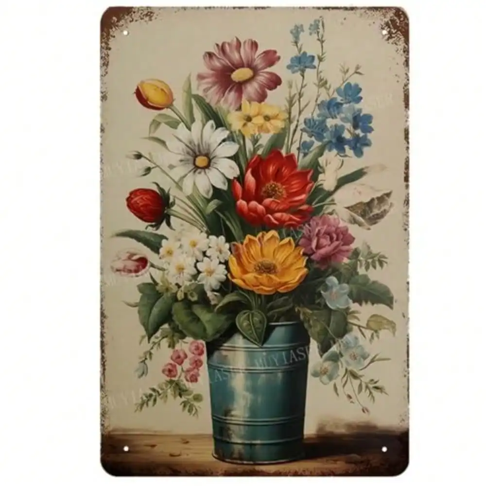 Vintage 8x12 Zoll Metall-Blumen-Wandkunst-Schild, Farbenfrohe Gartendekoration für Wohnzimmer