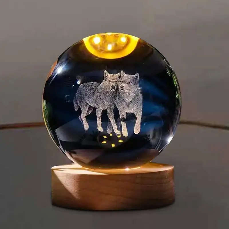 Luce notturna 3D moderna globo di cristallo luce decorativa sfera di cristallo con base a LED figurine di lampada di animali in vetro inciso per la vita