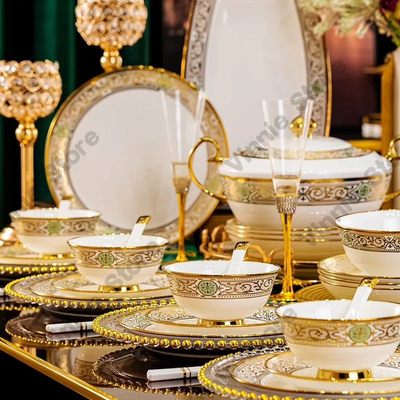 Luxury Embossed Gold Bone China Dinnerware Set Ceramic Royal Tableware Golden Dinner Plates Sets