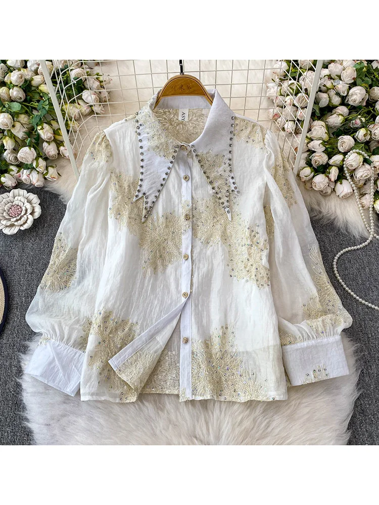 

Women's Spring Shirt Temperament Sequin Studded Diamond Lapel Long Sleeved Sunscreen Shirt Loose Slimming Shirt Jacket BL192