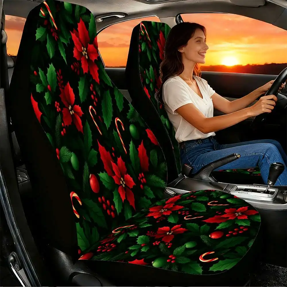 2pcs Festive Poinsettia & Candy Cane Car Seat Covers Compatible For Fit, Front Seat High-Back Design With / Holiday Patterns - D