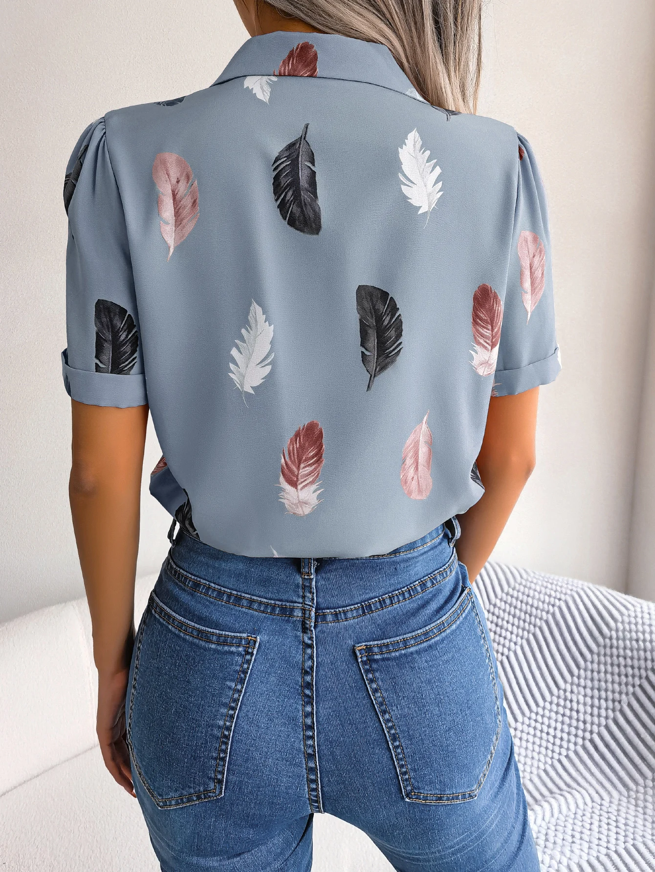 Spring Summer Contrast Color Feather Print Shirts 2026 Fashion Suit Collar Bottons Short Sleeve Blouse Woman Casual Office Wear
