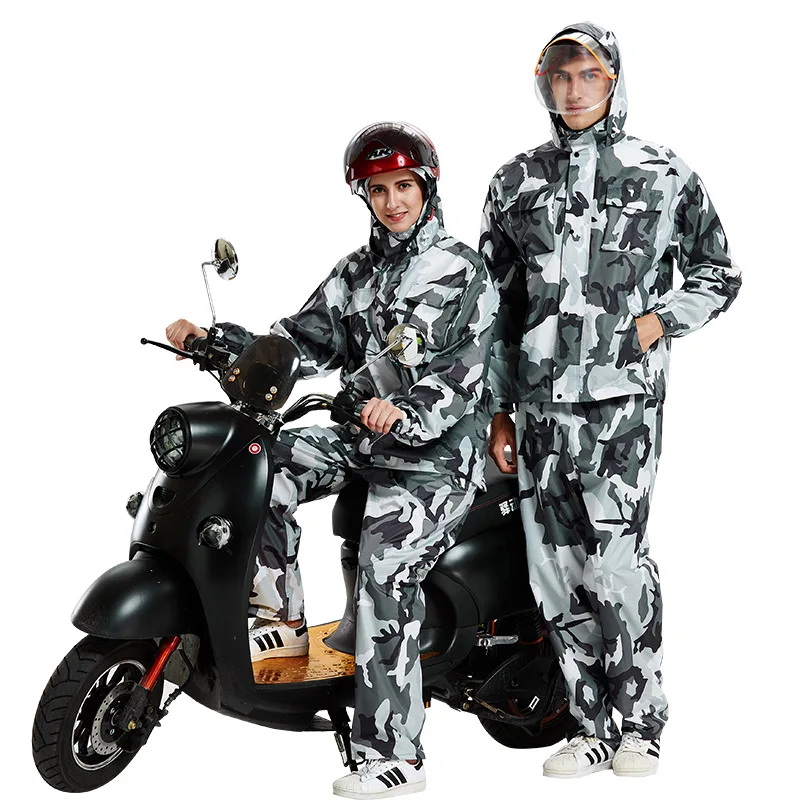 Camouflage Split Raincoat Rain Pants Suit Thick Motorcycle Waterproof Rain Poncho Hooded Outdoor Riding Rain Gear Rainwear Suit