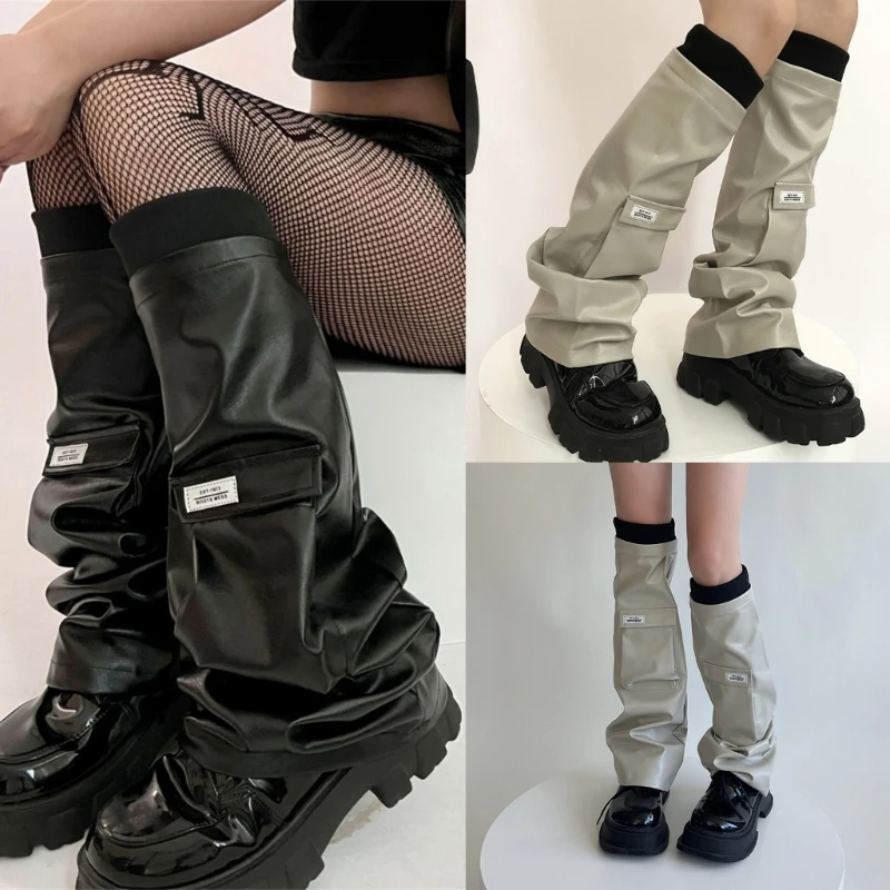 Calzini lunghi Y2k Calzini scaldamuscoli gotici in pelle PU Calzini punk per ragazze streetwear Copri gambe Calzini alti al ginocchio