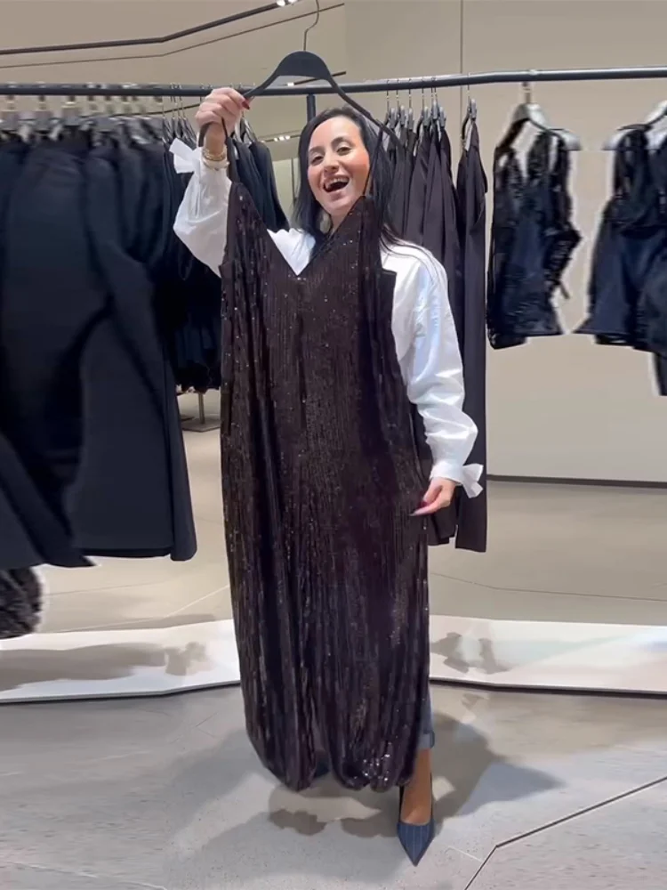 

Шикарный женский комбинезон без рукавов с блестками, повседневный свободный брючный комбинезон с v-образным вырезом и открытой спиной, весна 2026, модные уличные комбинезоны