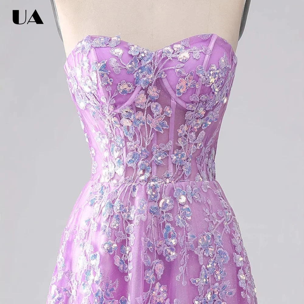 

ULBYANRY Customized Mesh Strapless Evening Dress for Woman Sparkly Appliques A-line Party Dress, Formal Sleeveless Ball Gown