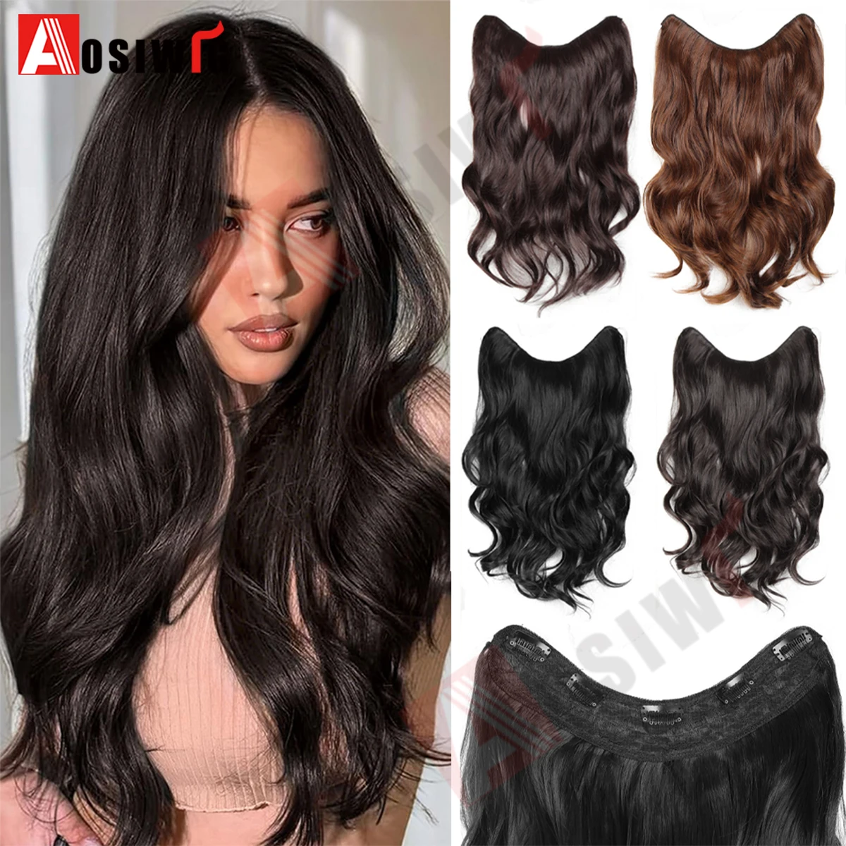 20Inch Synthetic Long Wavy Curly 5 Clip in Hair Extension Fashion Invisible V-shaped Heat Resistant Black  Hairpiece for Women
