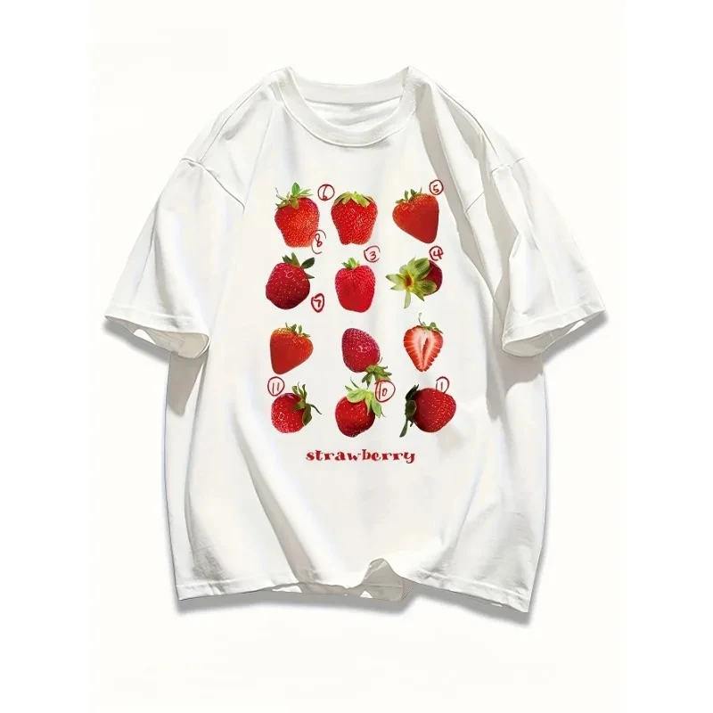 Strawberry Printed Round Neck T-shirt Summer Cotton Casual Short Sleeved T-shirt Summer Breathable T-shirt Women's Clothing Tops