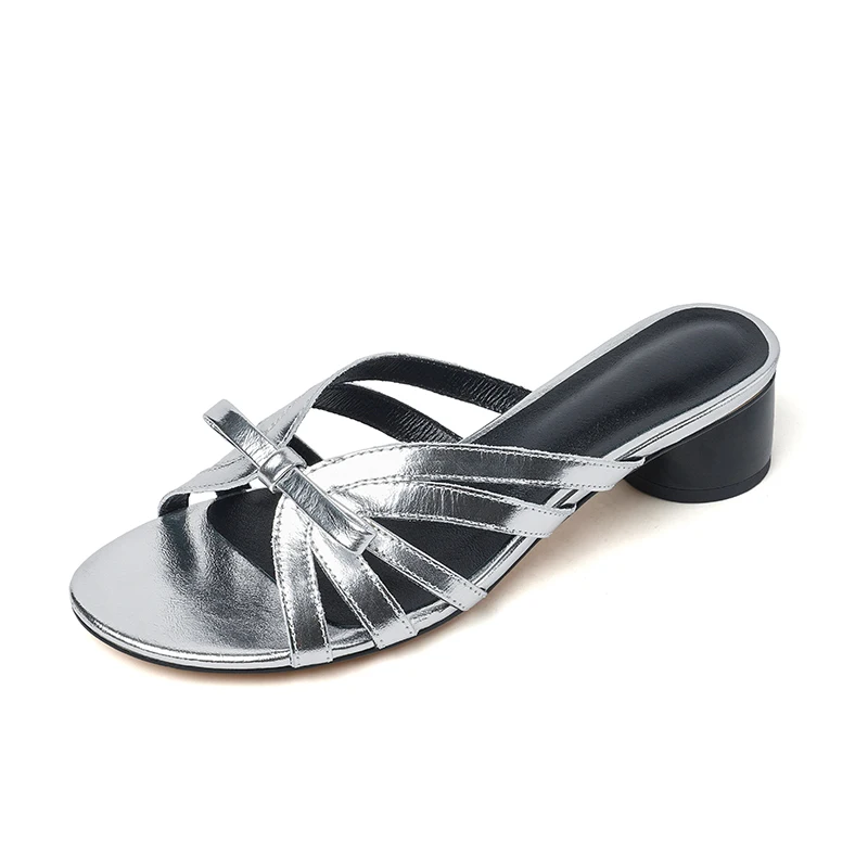 

Genuine Leather Slide Sandals 4cm Chunky Heel Open Toe Beige Silver Women Summer Shoes