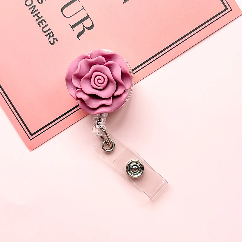 1 Pcs Quality Resin Stereoscopic Rose Retractable Nursee Badge Elegant Flowers Name Tag ID Card Holder with Clip Keys Lanyard