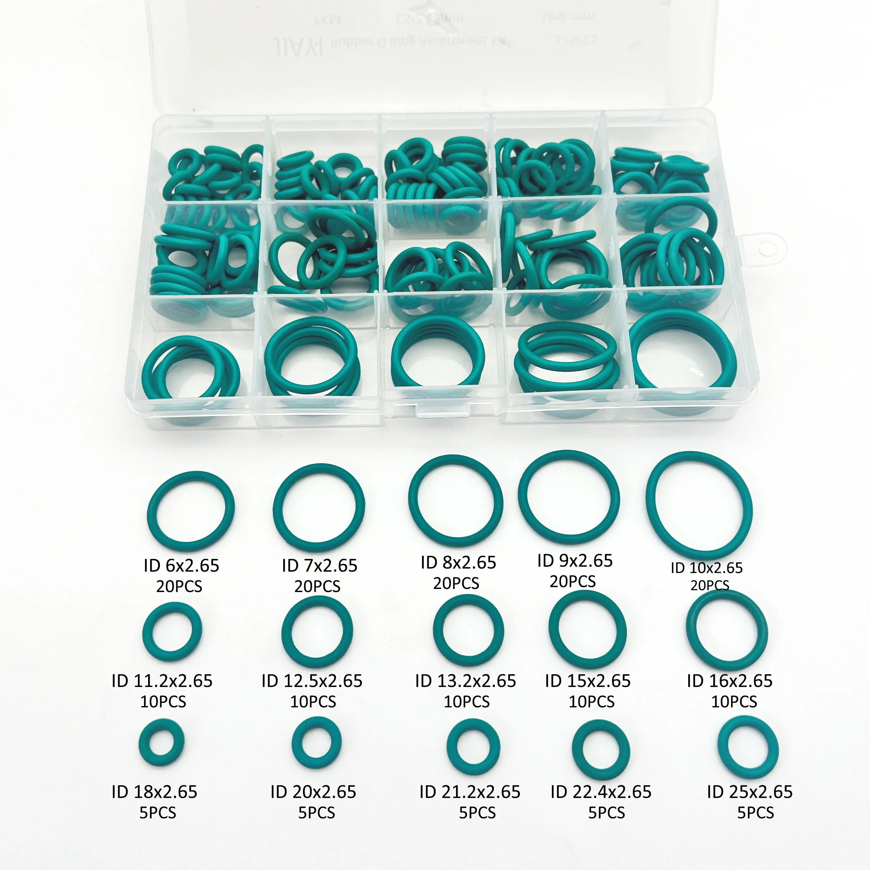 175Pcs Green FKM Fluorine Rubber O-Ring Kit ID 6-25mmxCS 2.65mm High-Temp Chemical-Resistant Hydraulic Industrial Machinery Seal
