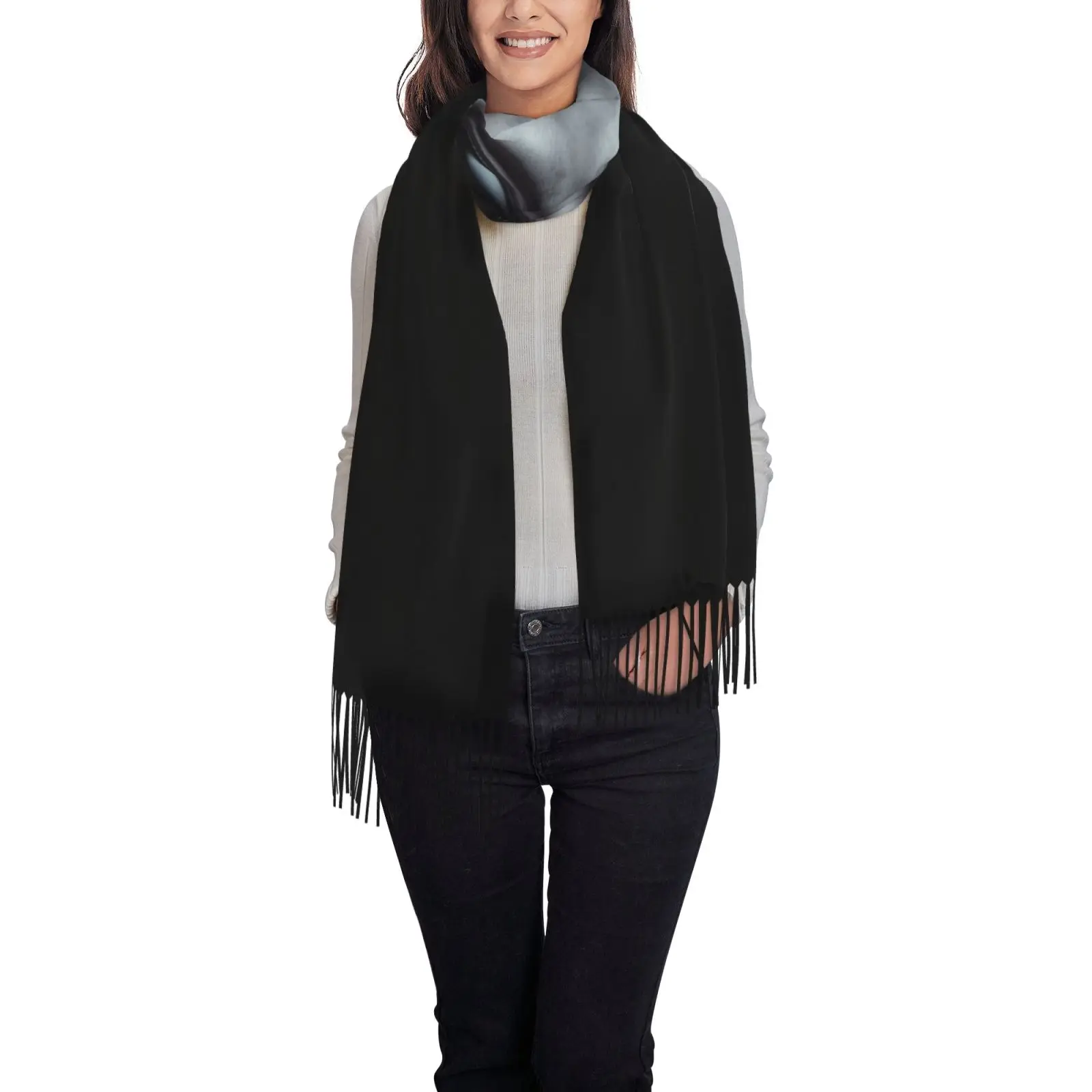 Alien Face Print Tassel Shawl for Women Soft Warm Large Wrap Scarf Lightweight Fall Winter Sci Fi Theme Stole