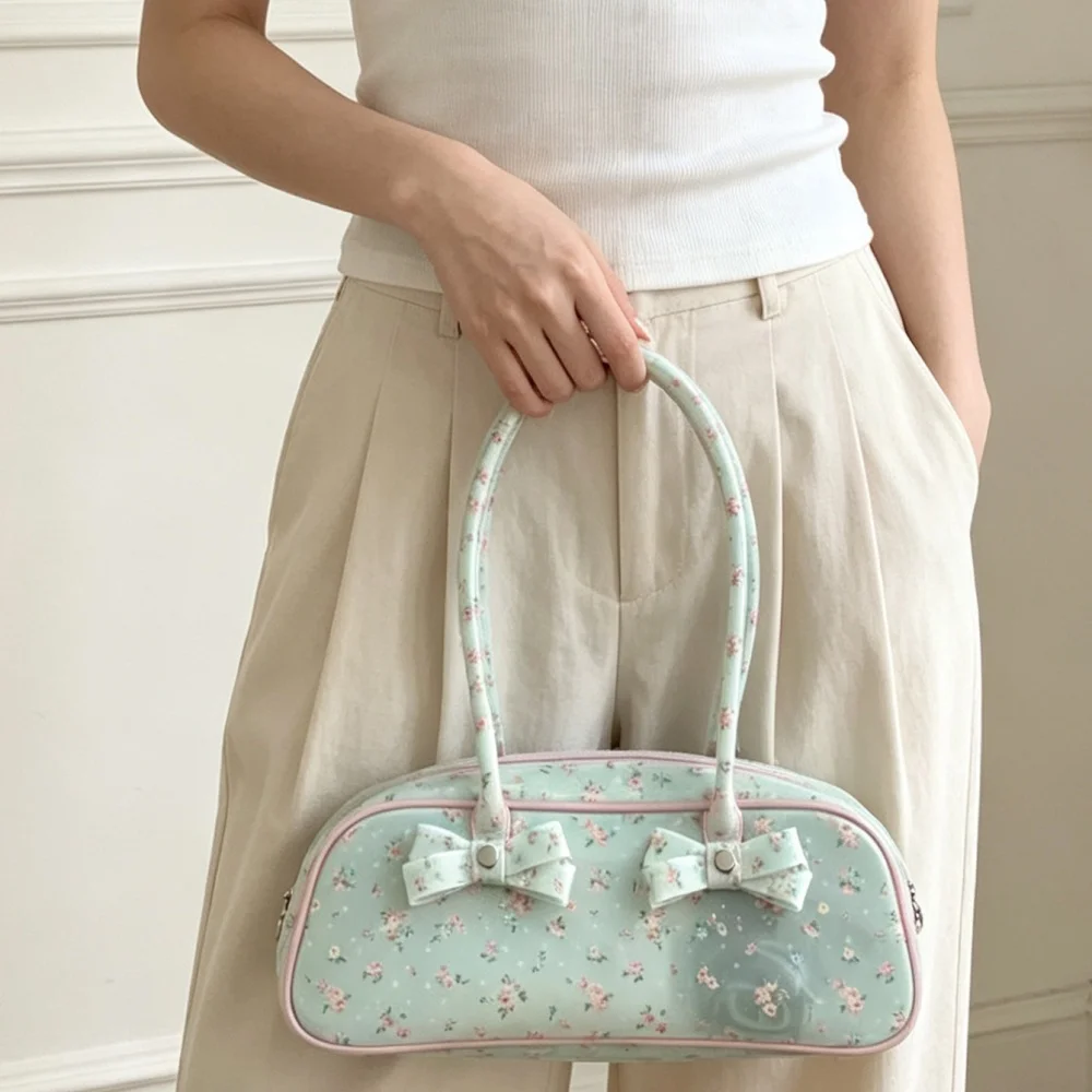 Romantic Girl Floral PVC Shoulder Storage Bag Bow Decoration Mini Boston Handbag Y2K Coquette Aesthetic Purse For Shopping Party - view 4