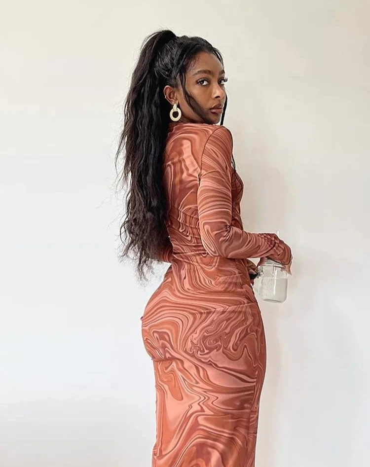 여성용 긴팔 바디콘 드레스 이브닝 파티 의류 미디 길이 섹시 원피스 스트리트웨어