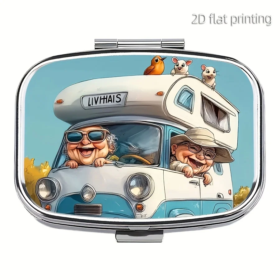 1-person happy RV pill box, 2-compartment portable square mini pill box, metal, travel-friendly organizer, medication and jewelry storage, unique travel gift