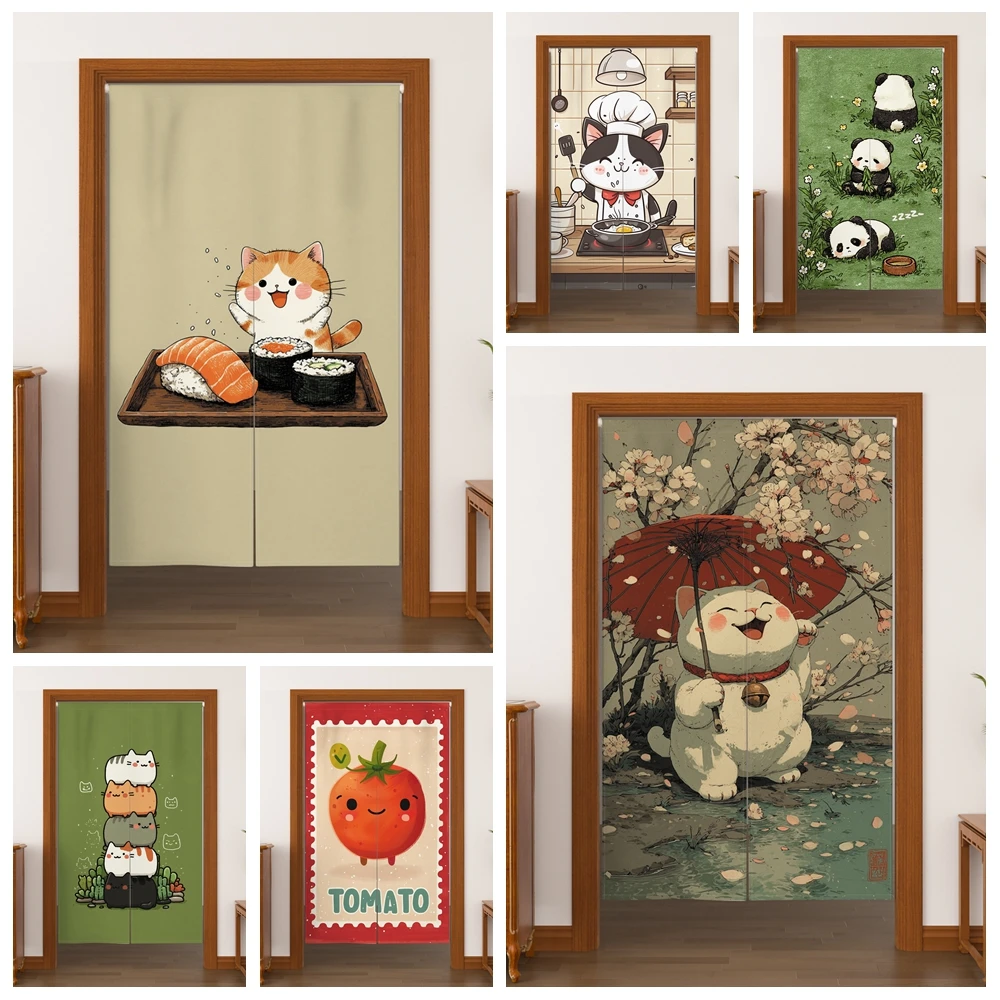 Japanese Door Curtain Lucky Cat And Sushi Pattern Wind Cartoon Design Decoration Linen Door Curtain Bedroom Half-Curtains