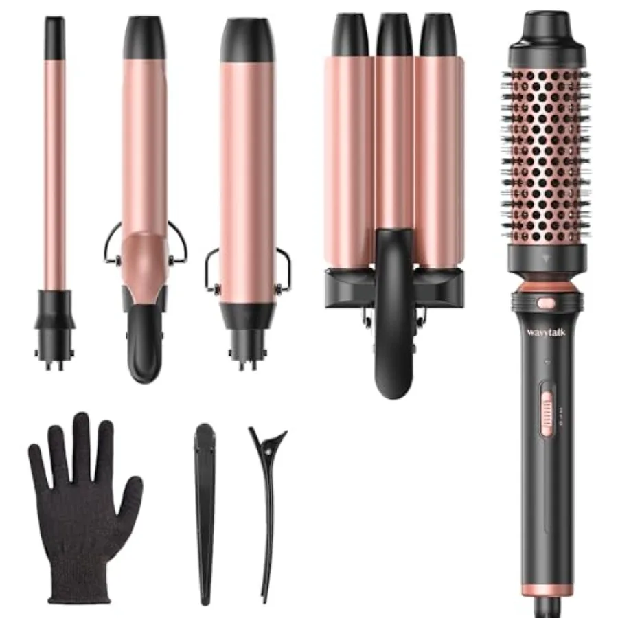 

5 in 1 Curling Wand Set Dual Voltage Curling Iron Set with 5 Interchangeable Barrels Included A Thermal Brush A Hair Crimper an