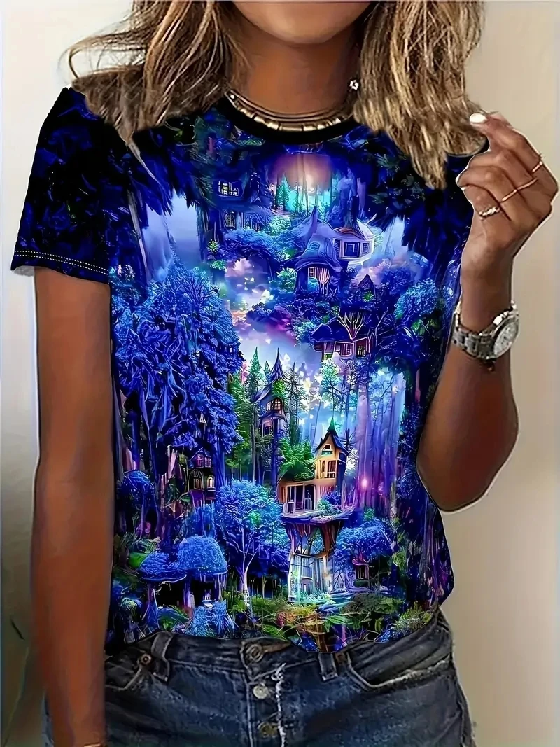 

Women's Plus Size T-shirt New Round Neck 3D Mysterious Forest Print T-shirt Summer Fashion Short Sleeved Top Summer Top Women's