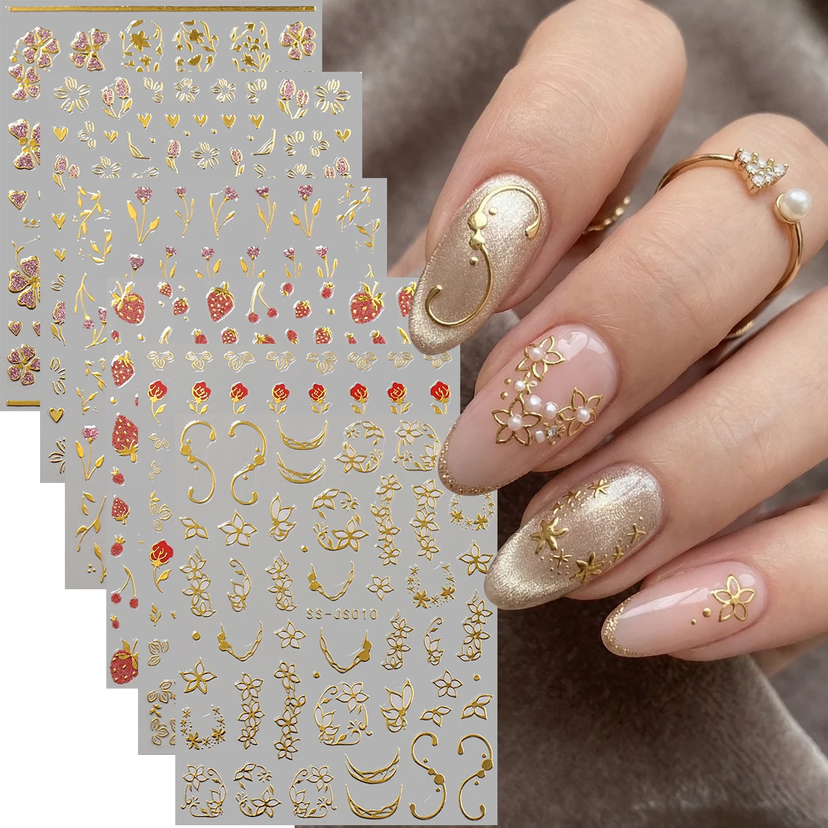 Nail Art Rose Gold - 6 Goldrand-Blumen-Nagelaufkleber, Glitzer-Blumen-Tulpen-Rosen-Goldblatt-Nagelkunst-Sticker, Elegante Luxus-DIY-Maniküre-Dekorationen