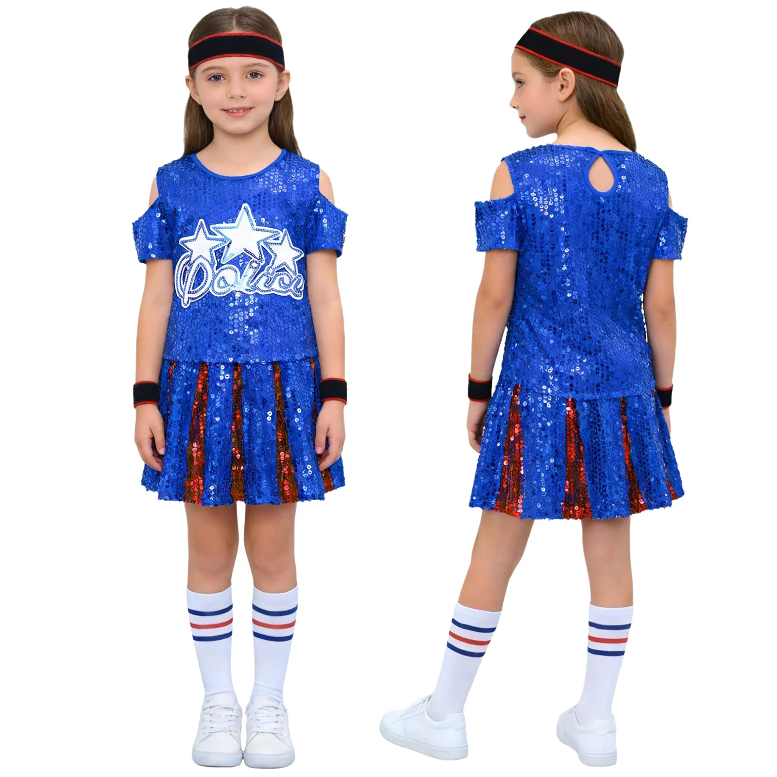 

Детский костюм для современного джаза и хип-хопа для девочек: блестящий топ с пайетками и короткими рукавами, плиссированная юбка, полосатые носки, костюм для чирлидинга.