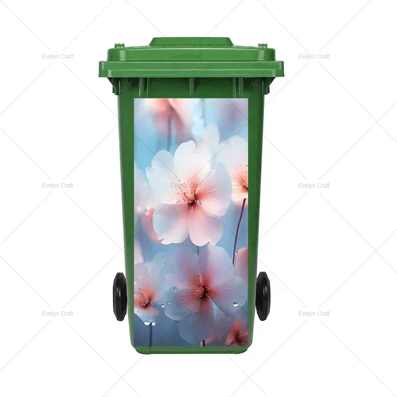 Colorful Flowers Vinyl Waterproof Trash Can Stickers Outdoor Dustbin Rubbish Poster Decals Decoration Kitchen Trash Can Sticker