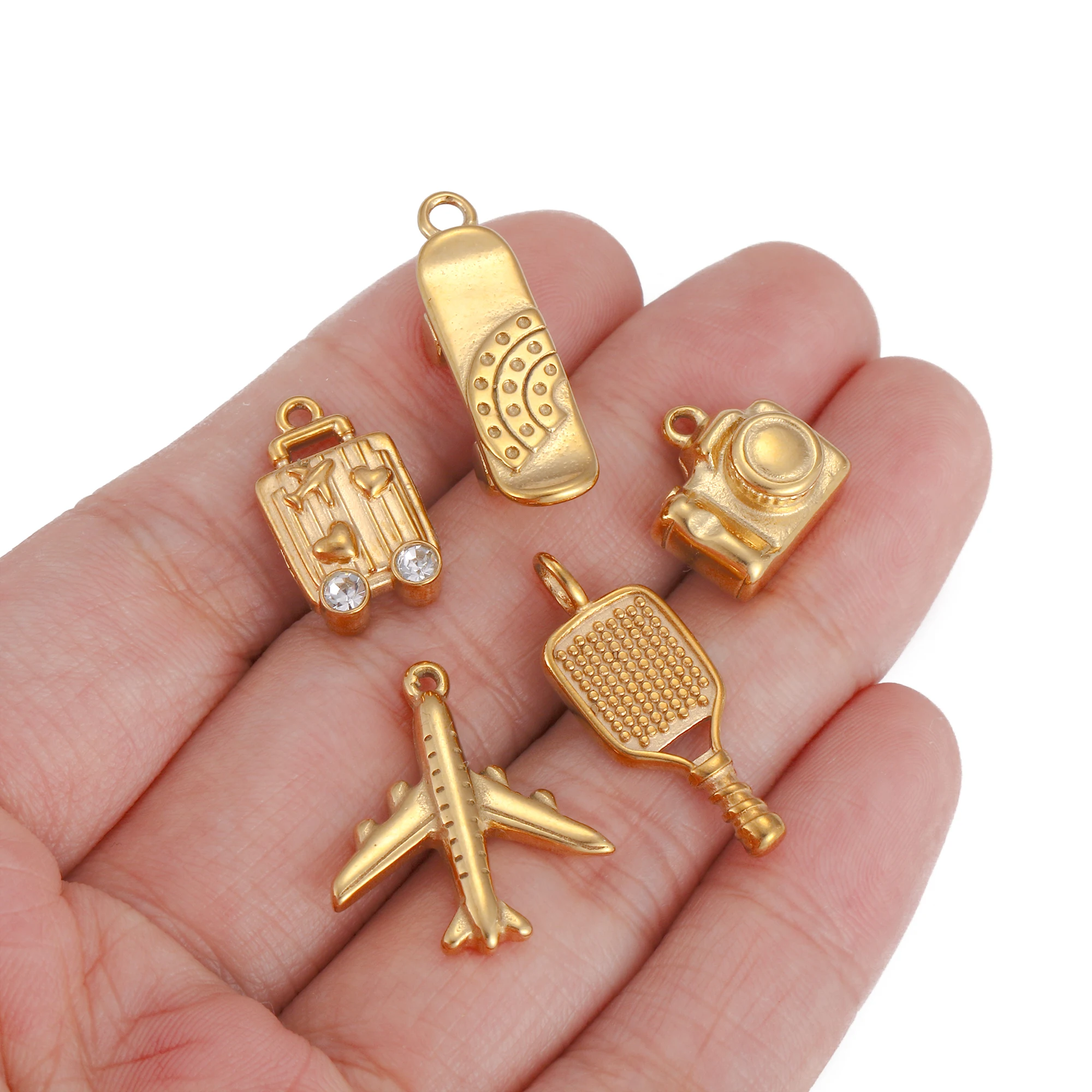 3Pcs Stainless Steel Travel Suitcase/Bicycle/Cheerleader Loudspeaker Charm 3D Camera/Plane Pendant DIY Bracelets Necklace Making