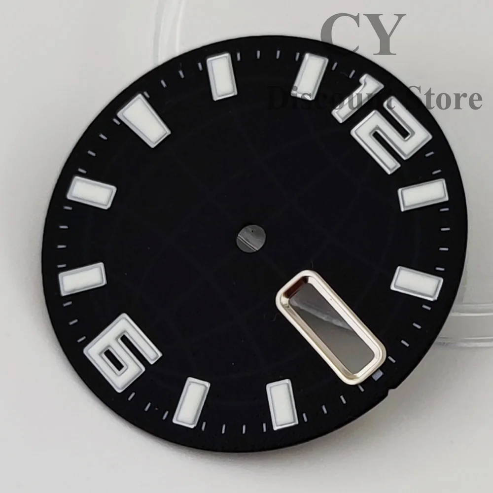 NH36 Watch Dial 28.5mm Black Dial​ Green Luminous Dial Fit NH36 Movement Fit 3 O'Clock Crown 3.8 O'Clock Crown  ﻿