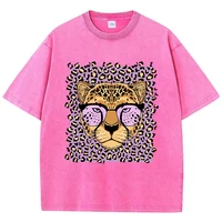 Camisetas Vintage de lavado ácido para mujer, camisetas con estampado de dibujos animados de leopardo, cuello redondo, algodón, manga corta de gran tamaño, ropa femenina de moda
