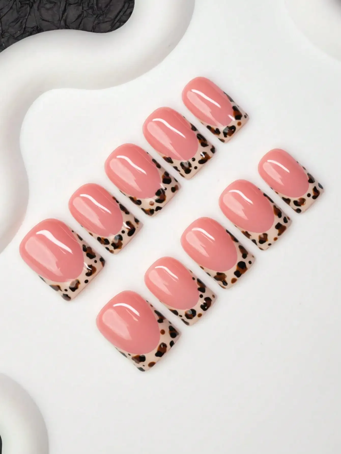 

10pcs Square Shaped Handmade Nail Tips, Y2K Baddie Style, Nude & Brown Color With French Tips And Leopard Print Design, Suitable