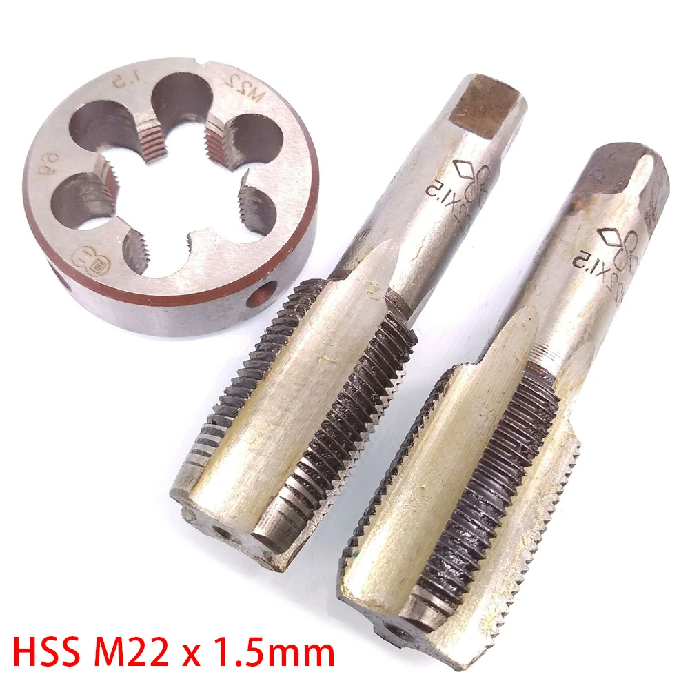 3pcs/set HSS M22 X 1.5mm Taper And Plug Tap 90mm Length And M22 X 1.5mm Die Metric Thread Right Hand HSS Hand Tap