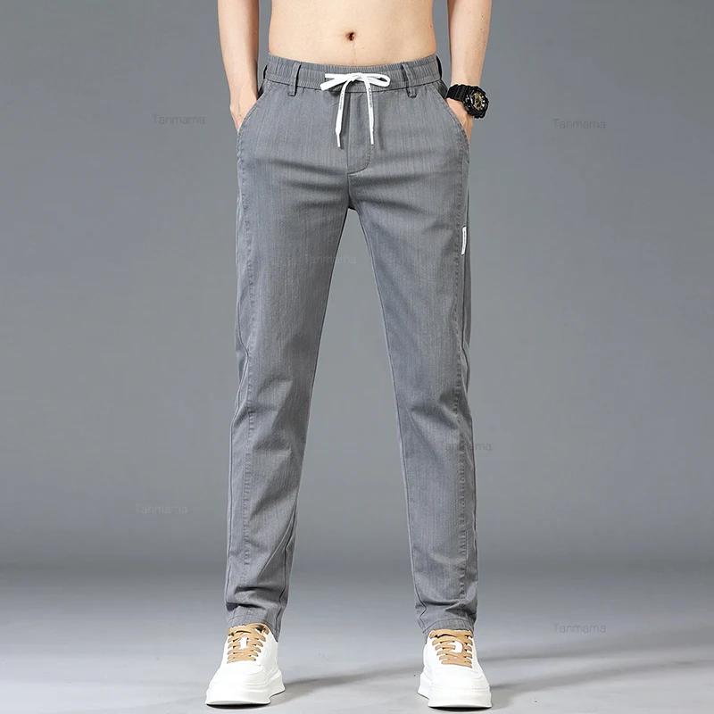 Spring Summer Men\'s Casual Pants Fashion Thin Elastic Waist Korean Style Business Slim Straight Trousers Blue Gray Green Khaki