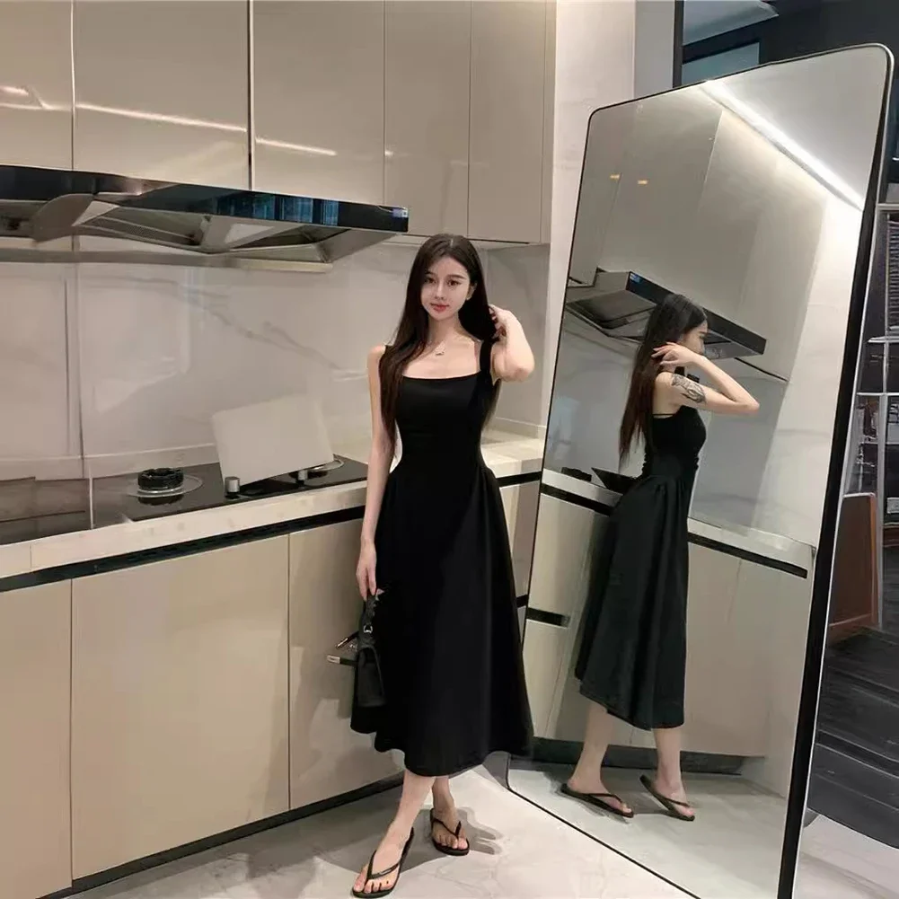 Cocktail Vacation Holiday Dress Skirts Elegant Long Sleeveless Slight Stretch Solid Color Square Collar Summer