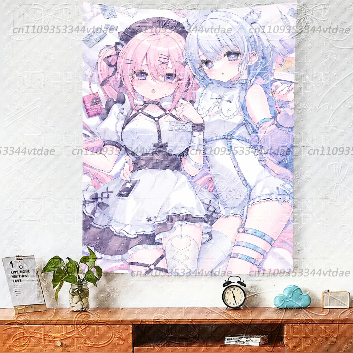 Kawaii Pink Blue Nurse Anime Girls Tapestry, Gothic Lolita Medical Style Wall Hanging, Pastel Aesthetic Background Cloth