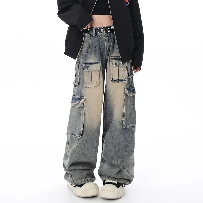 

Hot Sale Women Retro Designer Cargo Jeans Pants Female High Waist Loose Denim Trousers Girls Chic Fashion Daily Pants