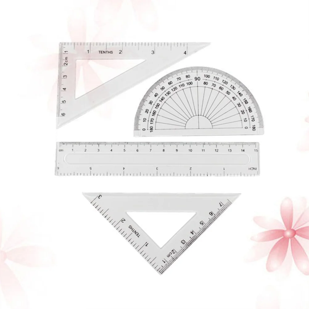 4Pcs Plastic Math Geometry Ruler Set Architects School Supplies (Transparent)