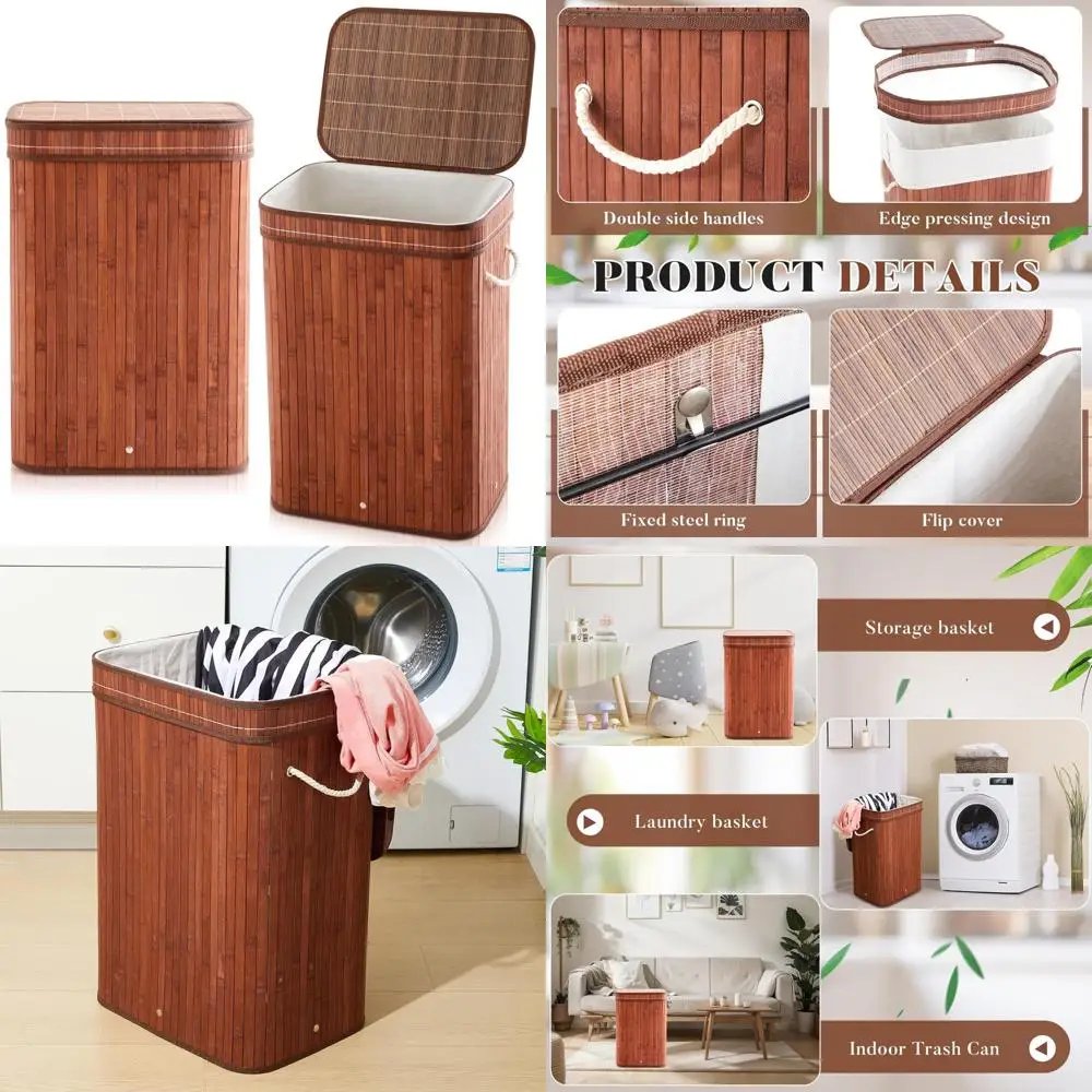 

Large Foldable Bamboo Trash Can - 21 Gallon Slim Rectangular Waste Bin for Bathroom and Bedroom Use