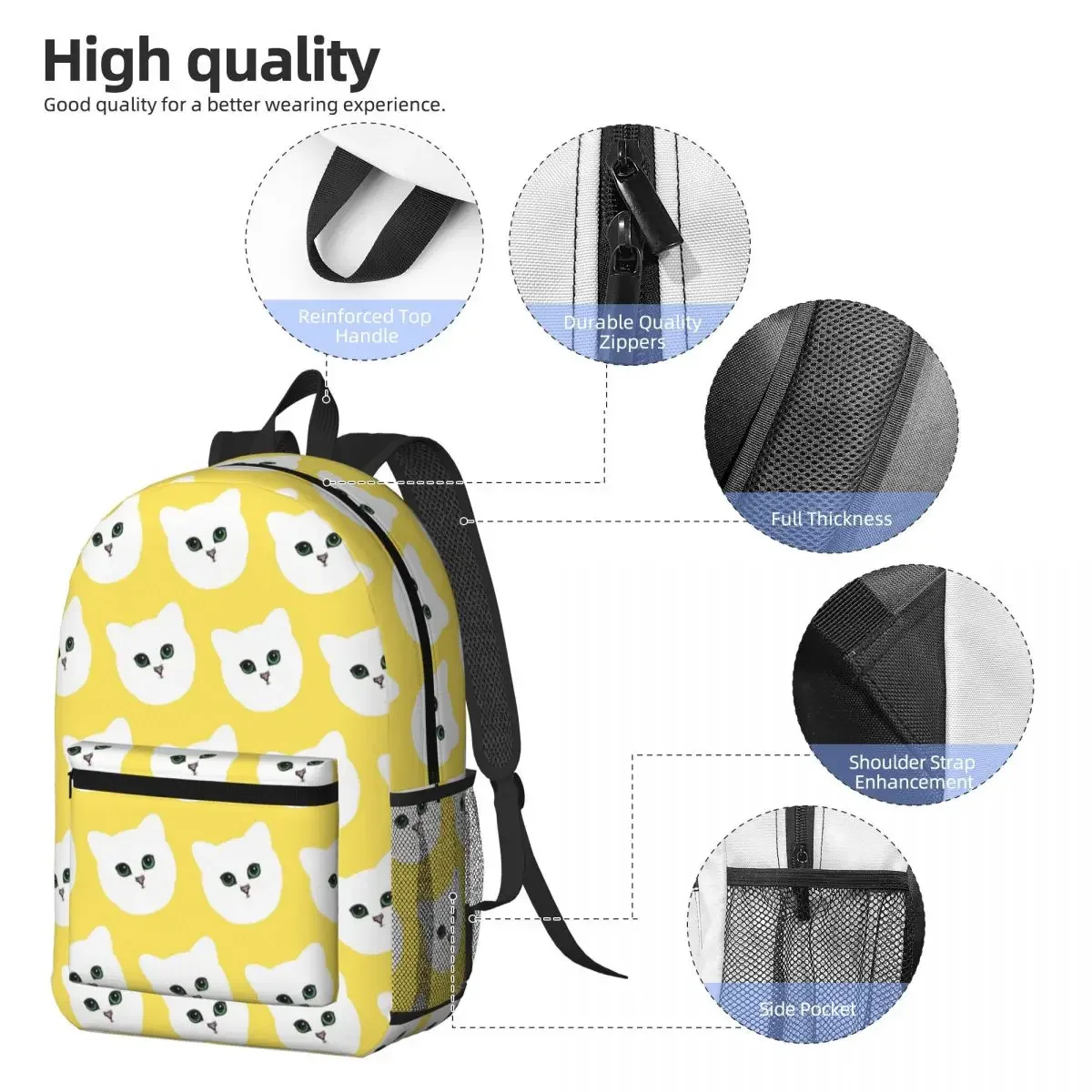 Cute Cat Face In Yellow Background Backpack Daypack Large Capacity Boys Girls BookBag School Bag Shoulder Bags for Men Women