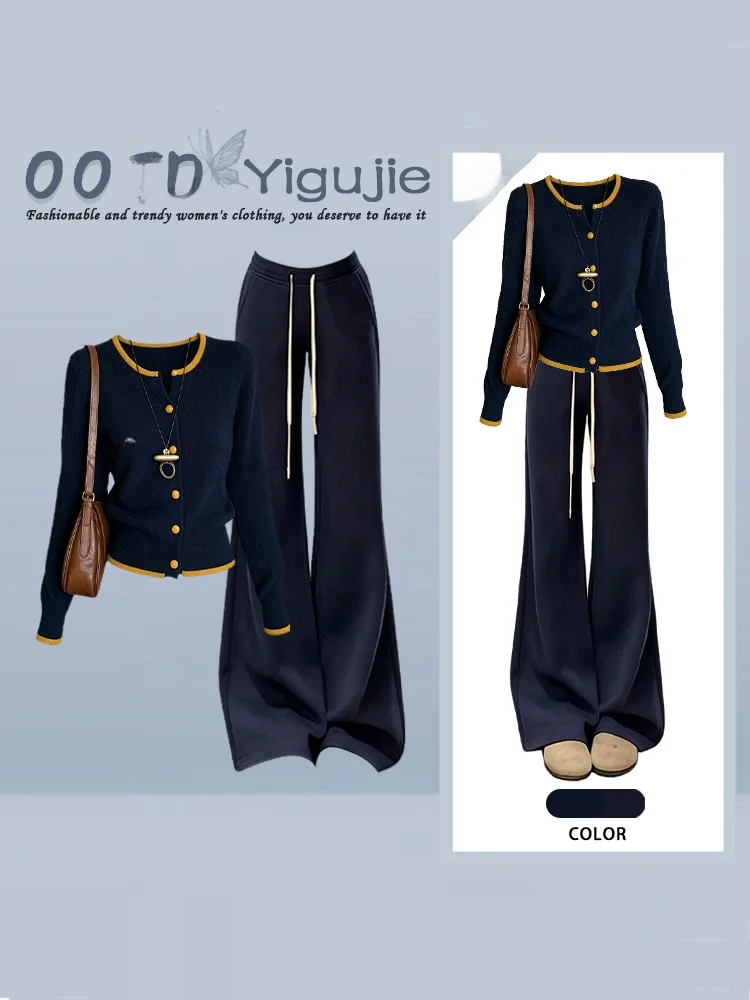 Korean Color Block Long Sleeve Knitted Cardigan And Flared Pants Two Piece Set for Women Casual Style Autumn Fashion Outfit