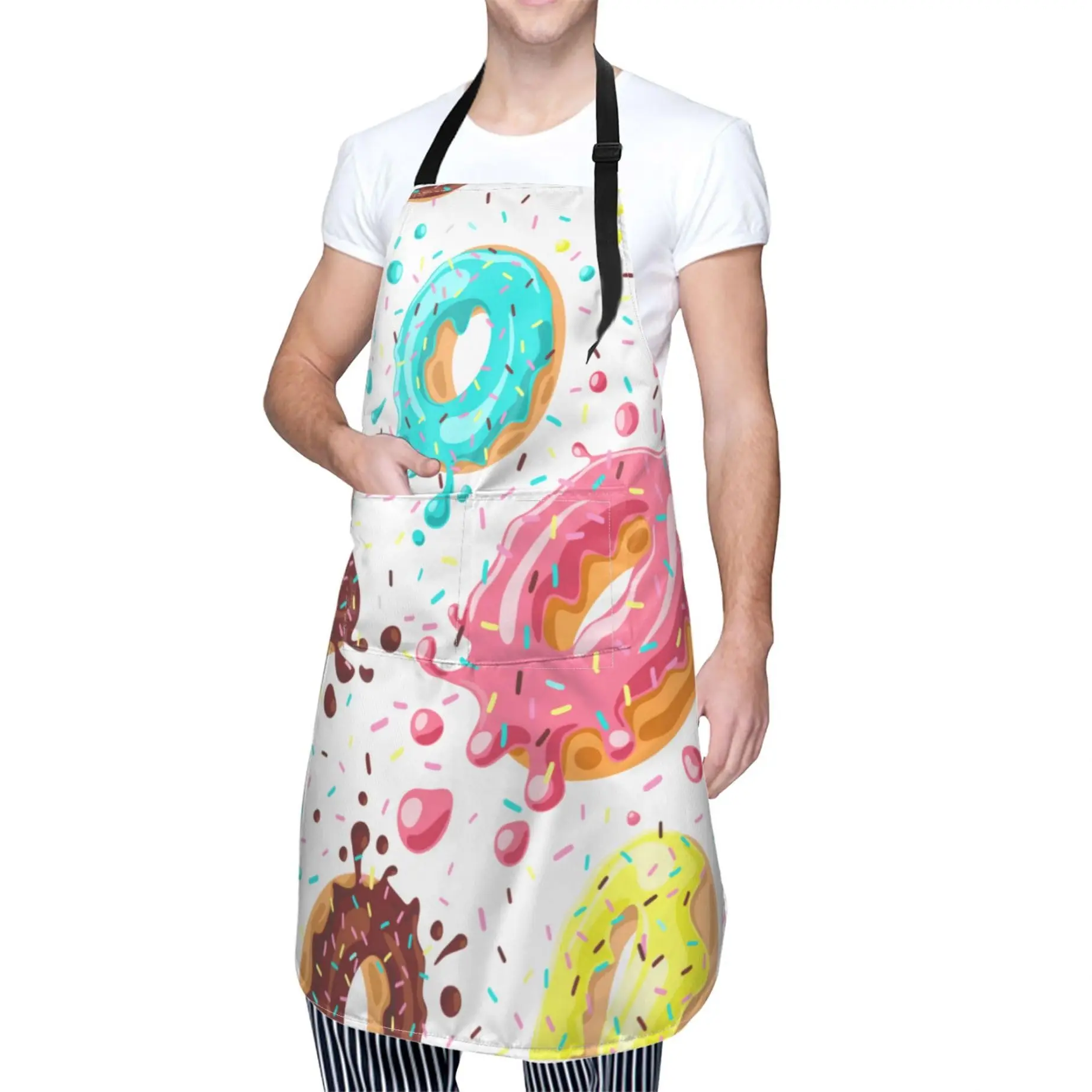 

Pink Chocolate Donuts Cooking Apron For Women Men With Pockets,Dessert Colored Splashes Sprinkles Oxford Kitchen Apron