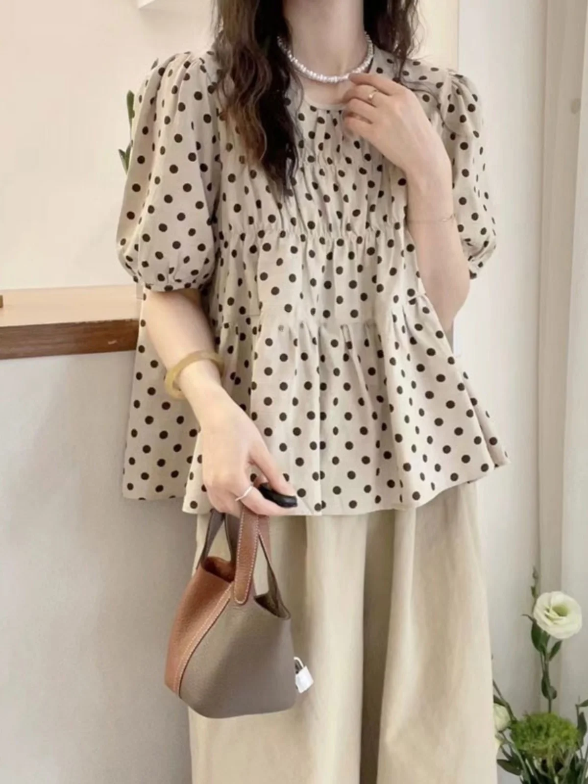 

Summer Casual Cotton Linen Bubble Sve Polka Dot irt for plus Size Women Sli Top Trendy Small irt Cute Sle