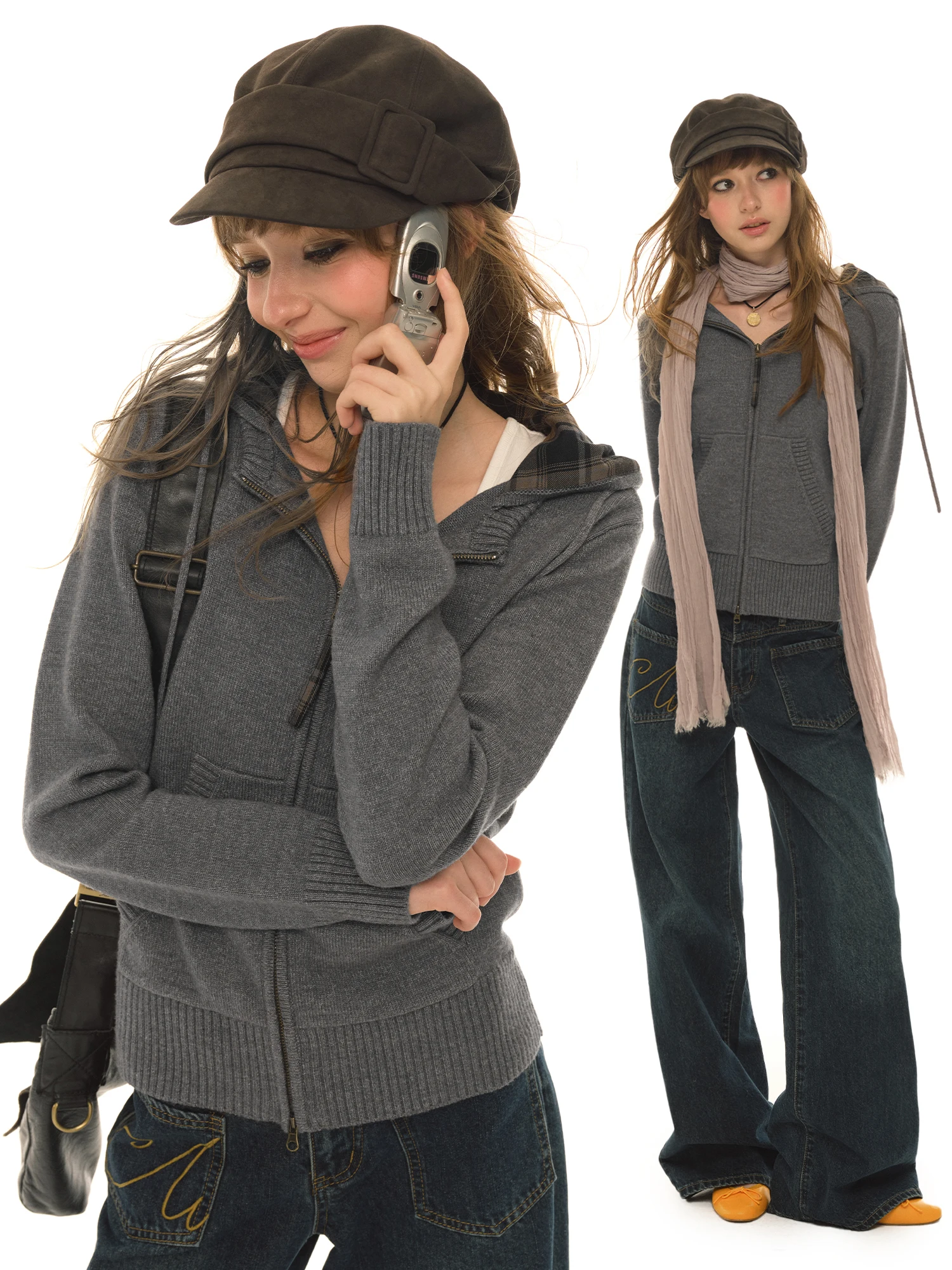 

Женский вязаный кардиган UNRETRO с двойной молнией, весенне-осенний, модный, приталенный, винтажный, с длинными рукавами