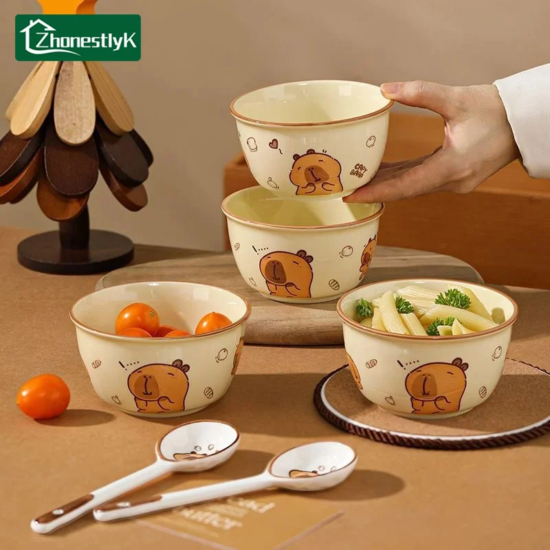 4 Set Cute Capybara Ceramic Bowl Kawaii Ceramic Anti-scald Soup Bowl Home Kitchen Noodle Ramen Tableware Bowl